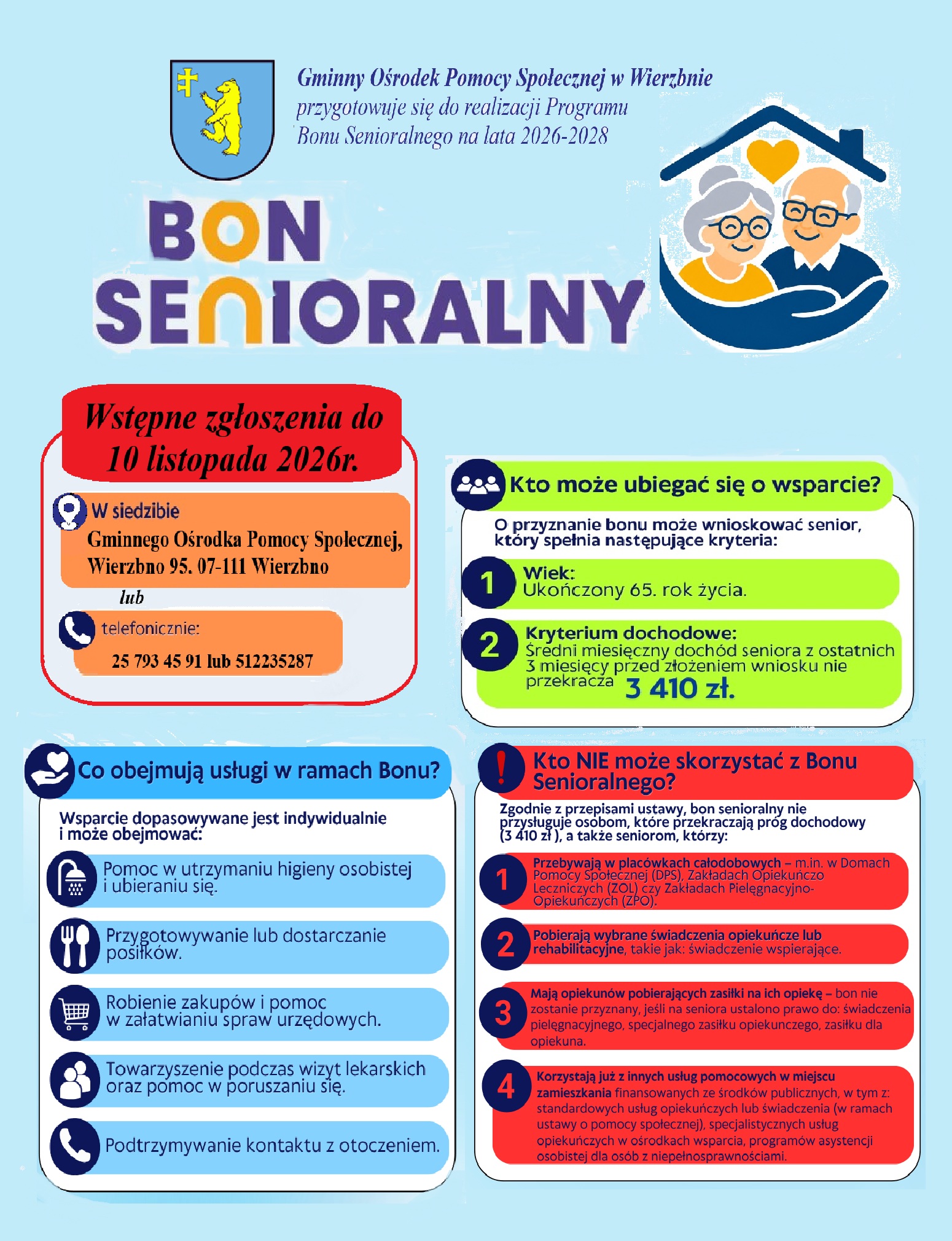 Obraz przedstawia kolorową ulotkę informacyjną o Bonie Senioralnym, z niebieskim tłem. Na górze znajduje się napis „BON SENIORALNY” w dużych, wyraźnych literach. Grafikę zdobią ikony symbolizujące pomoc seniorom, a informacje są podzielone na czytelne sekcje o różnych kryteriach i usługach.