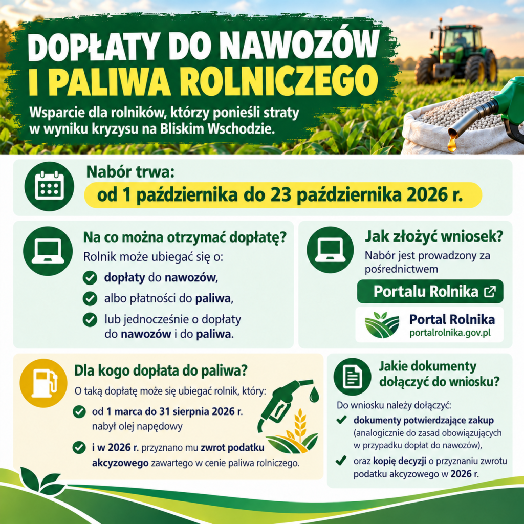 Obraz promuje dopłaty rolnicze do nawozów i paliwa z zielono-żółtymi napisami. Dominują zdjęcia traktorów i worków z ziarnami na tle pola. Obejmuje informacje o terminach i sposobach składania wniosków.