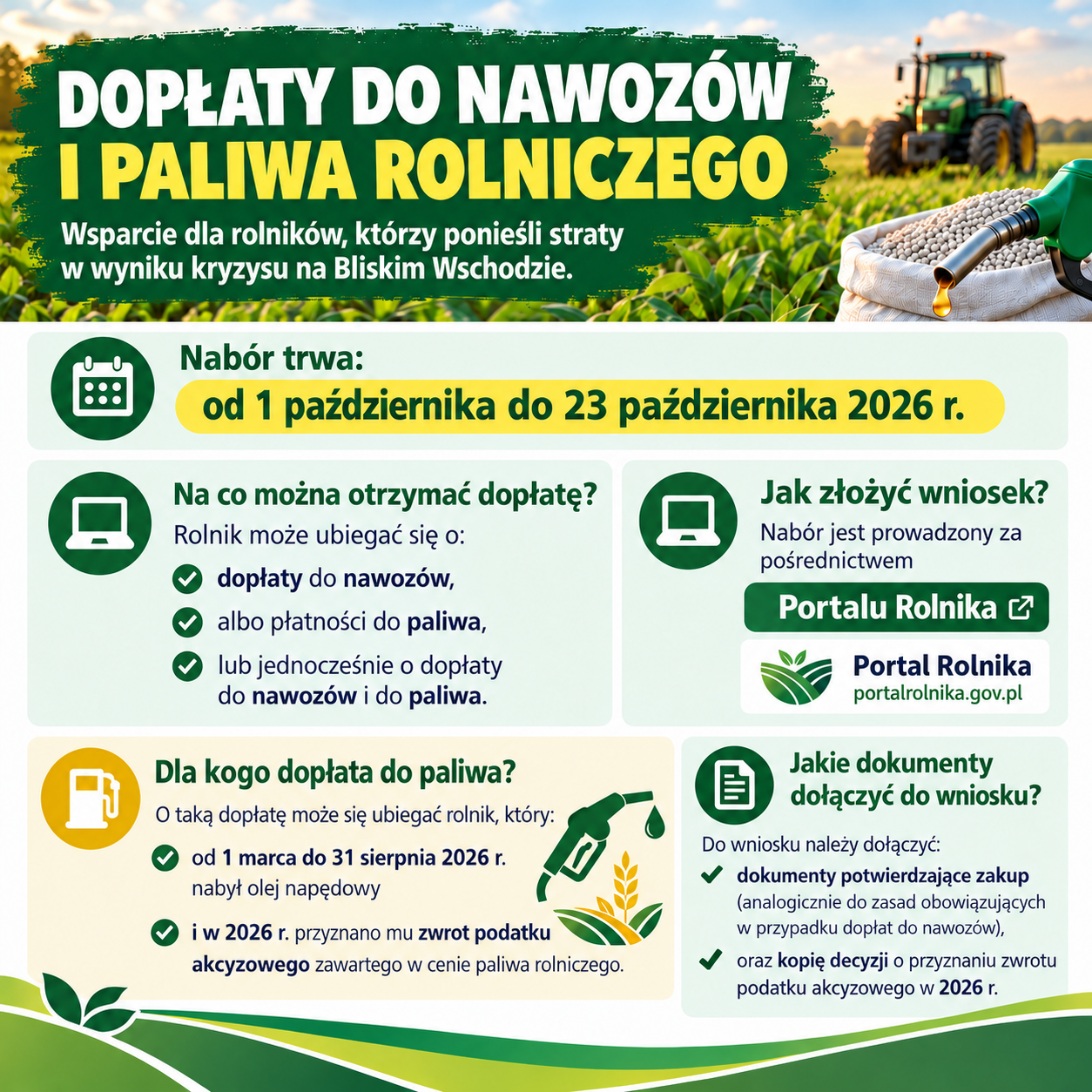 Obraz promuje dopłaty rolnicze do nawozów i paliwa z zielono-żółtymi napisami. Dominują zdjęcia traktorów i worków z ziarnami na tle pola. Obejmuje informacje o terminach i sposobach składania wniosków.
