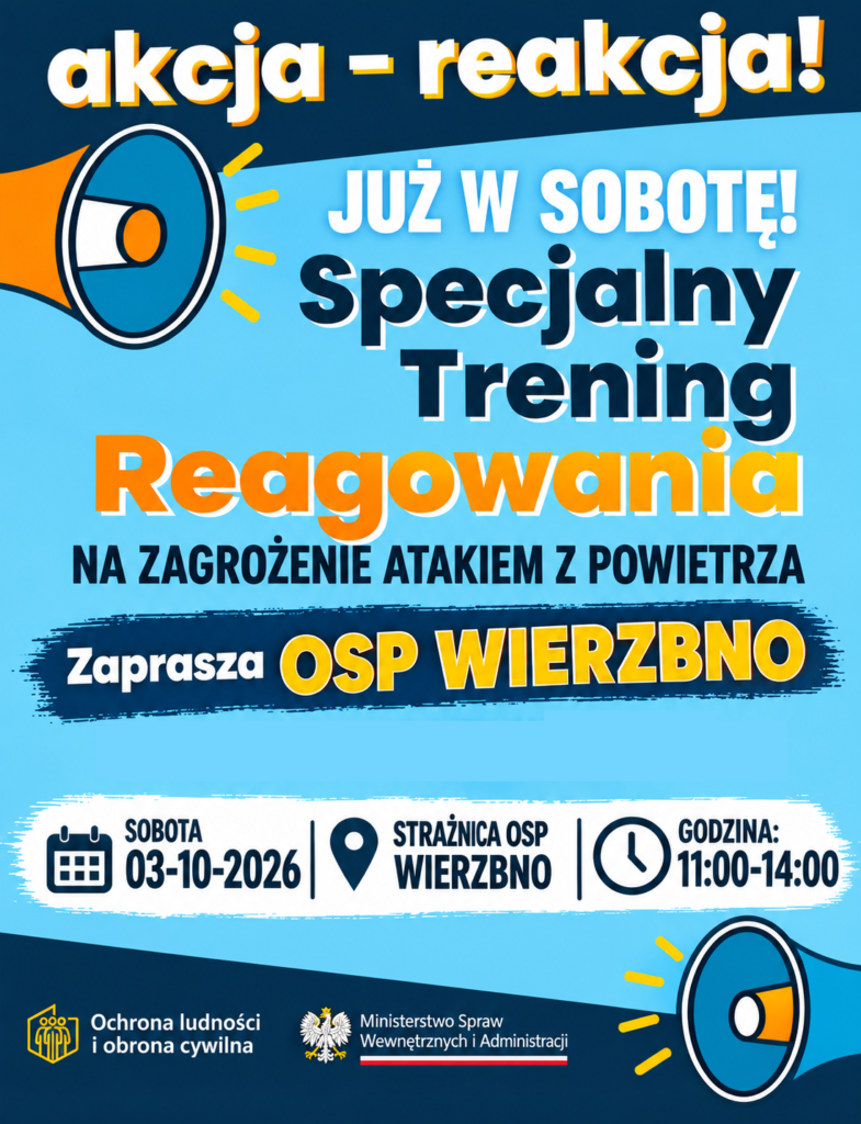 Plakat informacyjny o specjalnym treningu reagowania w OSP Wierzbno. Dominują kolory niebieski, pomarańczowy i biały. W tle widnieje megafon oraz data i godzina wydarzenia.